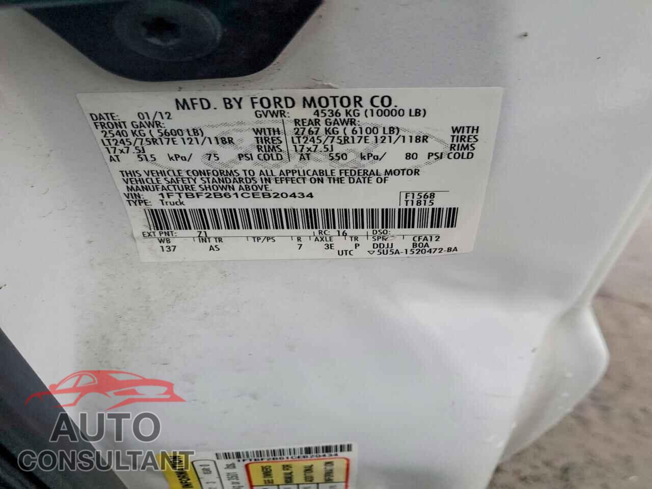 FORD F250 2012 - 1FTBF2B61CEB20434