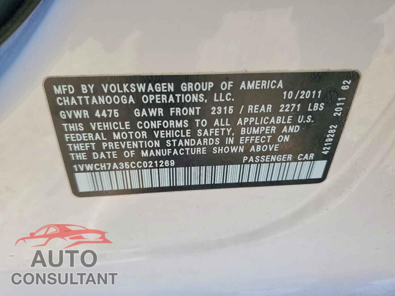 VOLKSWAGEN PASSAT 2012 - 1VWCH7A35CC021269