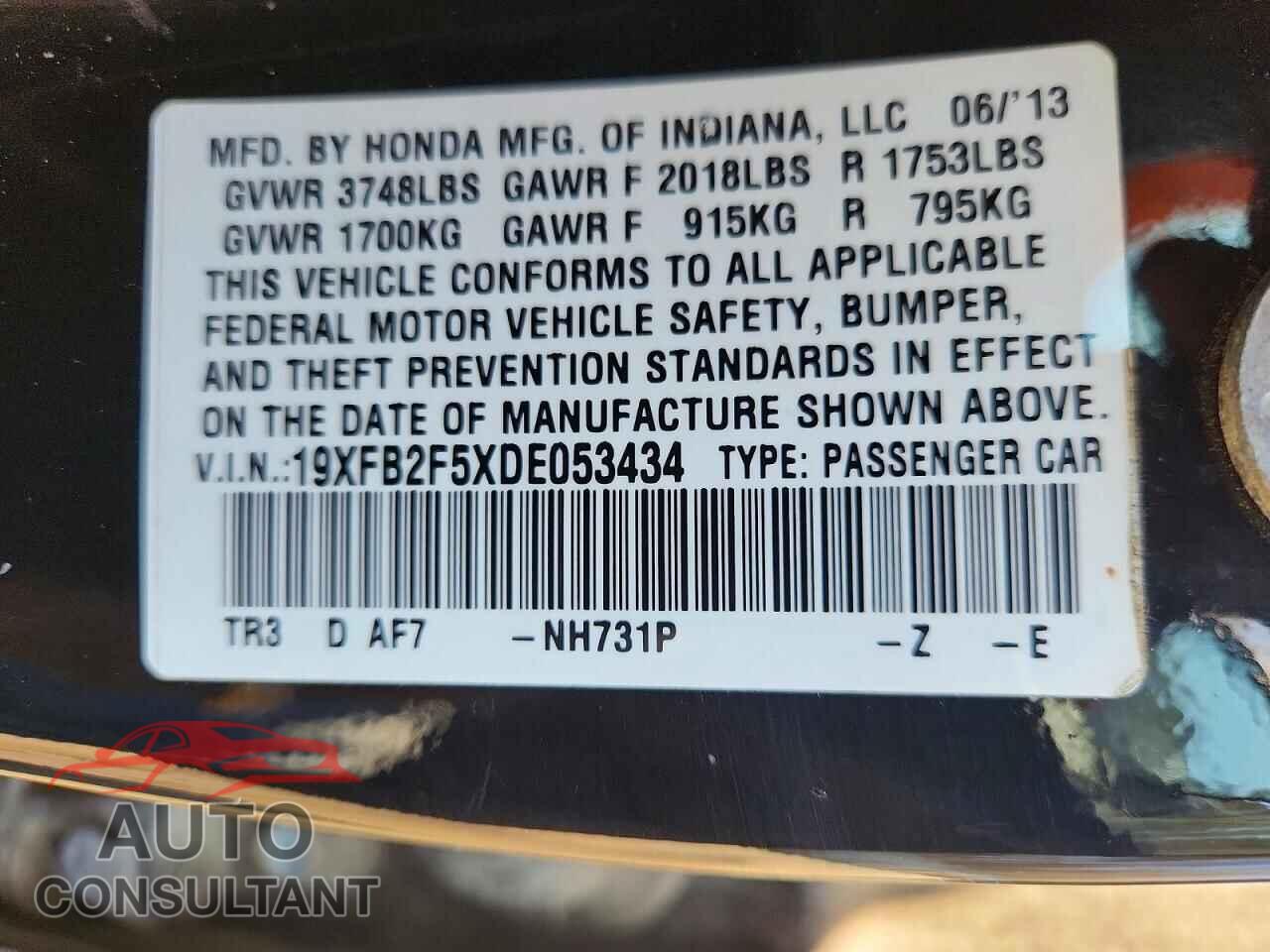 HONDA CIVIC 2013 - 19XFB2F5XDE053434