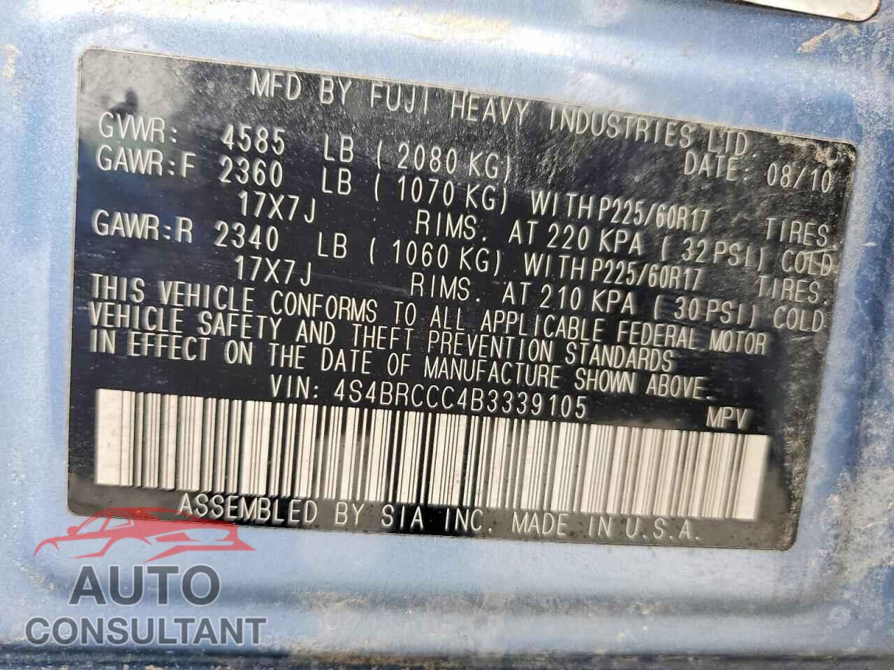 SUBARU OUTBACK 2011 - 4S4BRCCC4B3339105