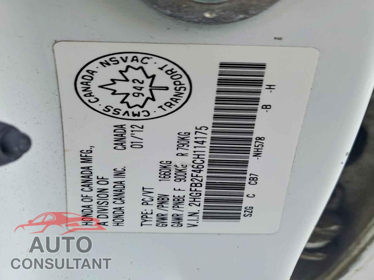 HONDA CIVIC 2012 - 2HGFB2F46CH114175
