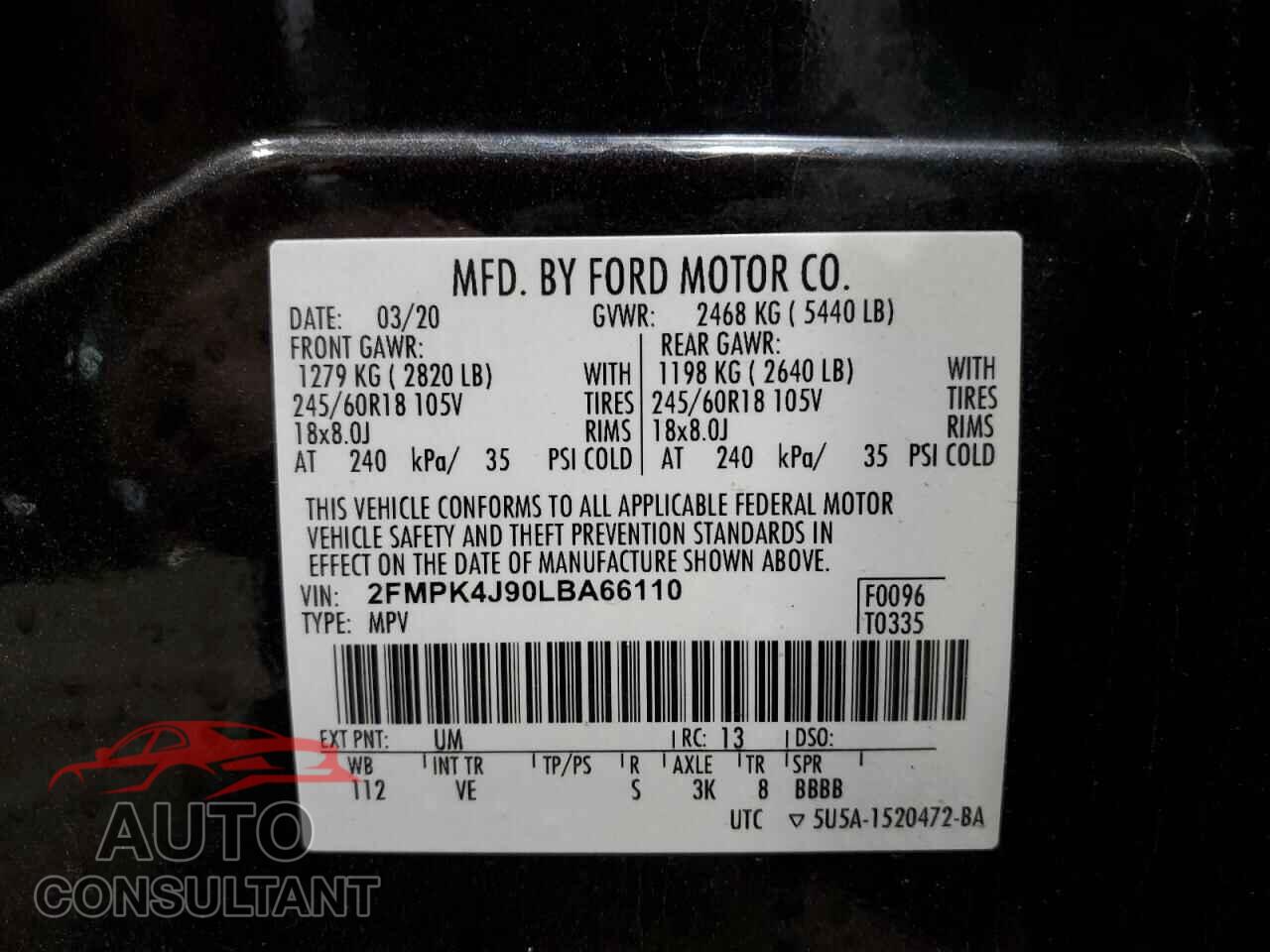 FORD EDGE 2020 - 2FMPK4J90LBA66110