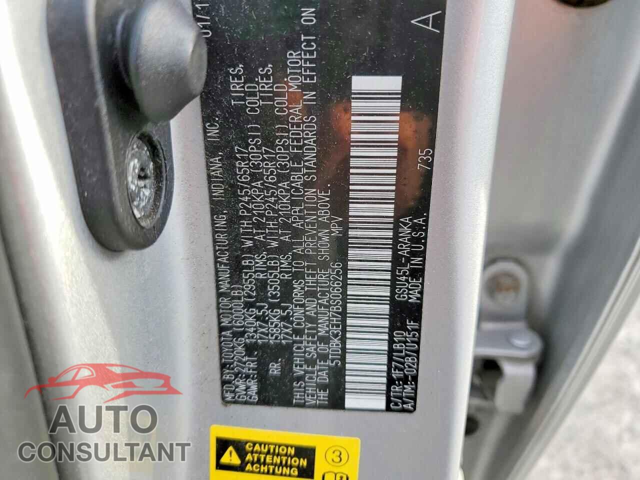 TOYOTA HIGHLANDER 2011 - 5TDBK3EH7BS066256
