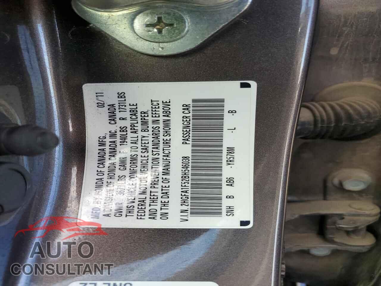 HONDA CIVIC 2011 - 2HGFA1F52BH546038