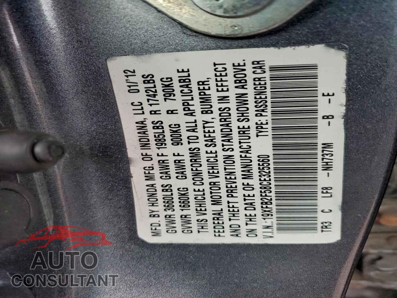 HONDA CIVIC 2012 - 19XFB2F58CE325560