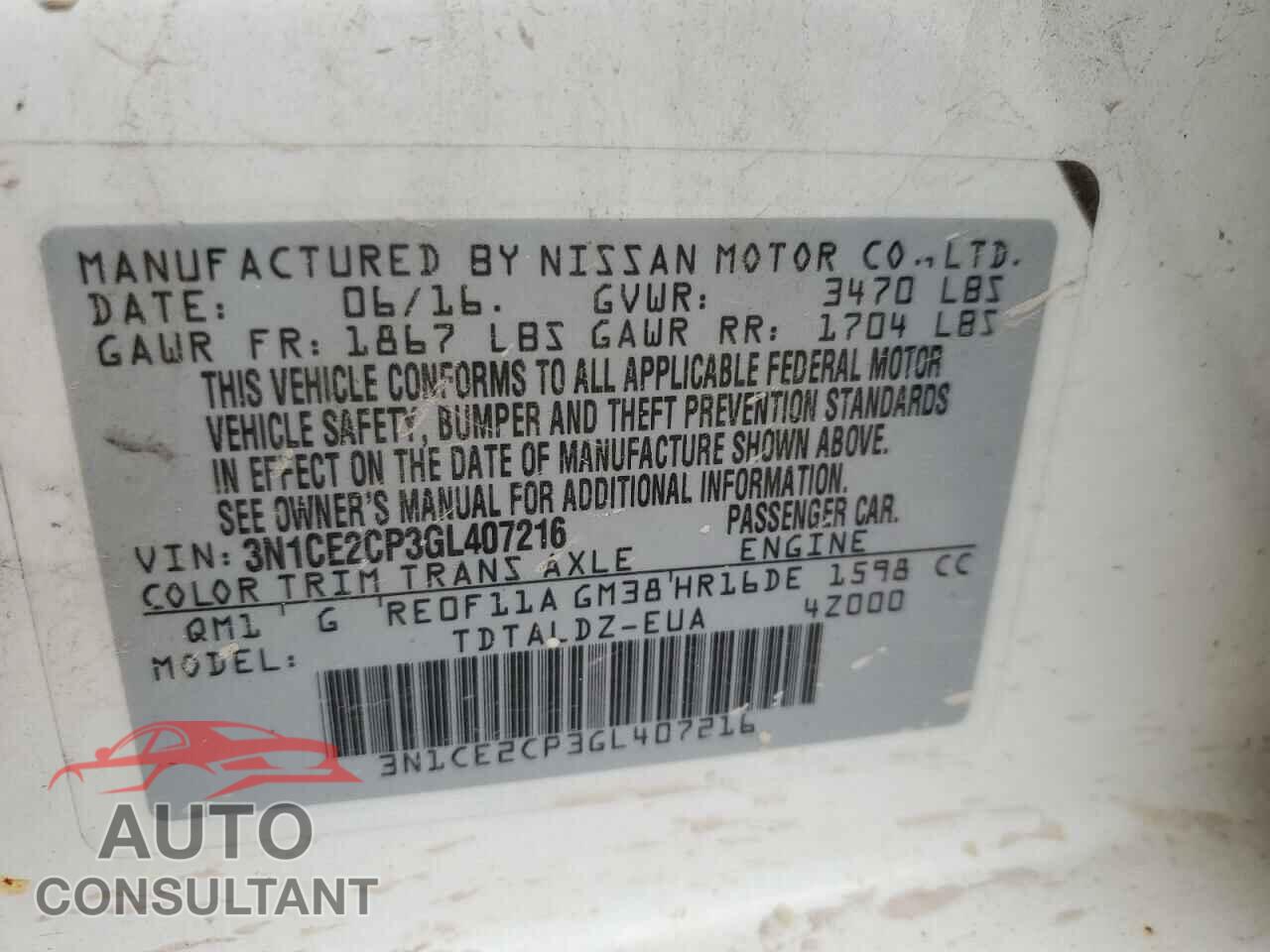 NISSAN VERSA 2016 - 3N1CE2CP3GL407216