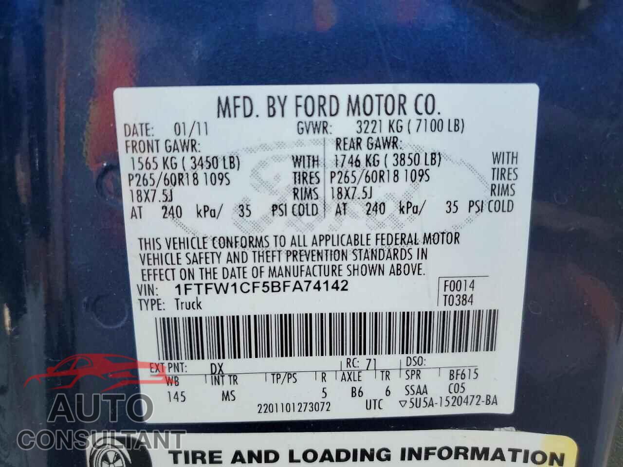 FORD F150 2011 - 1FTFW1CF5BFA74142