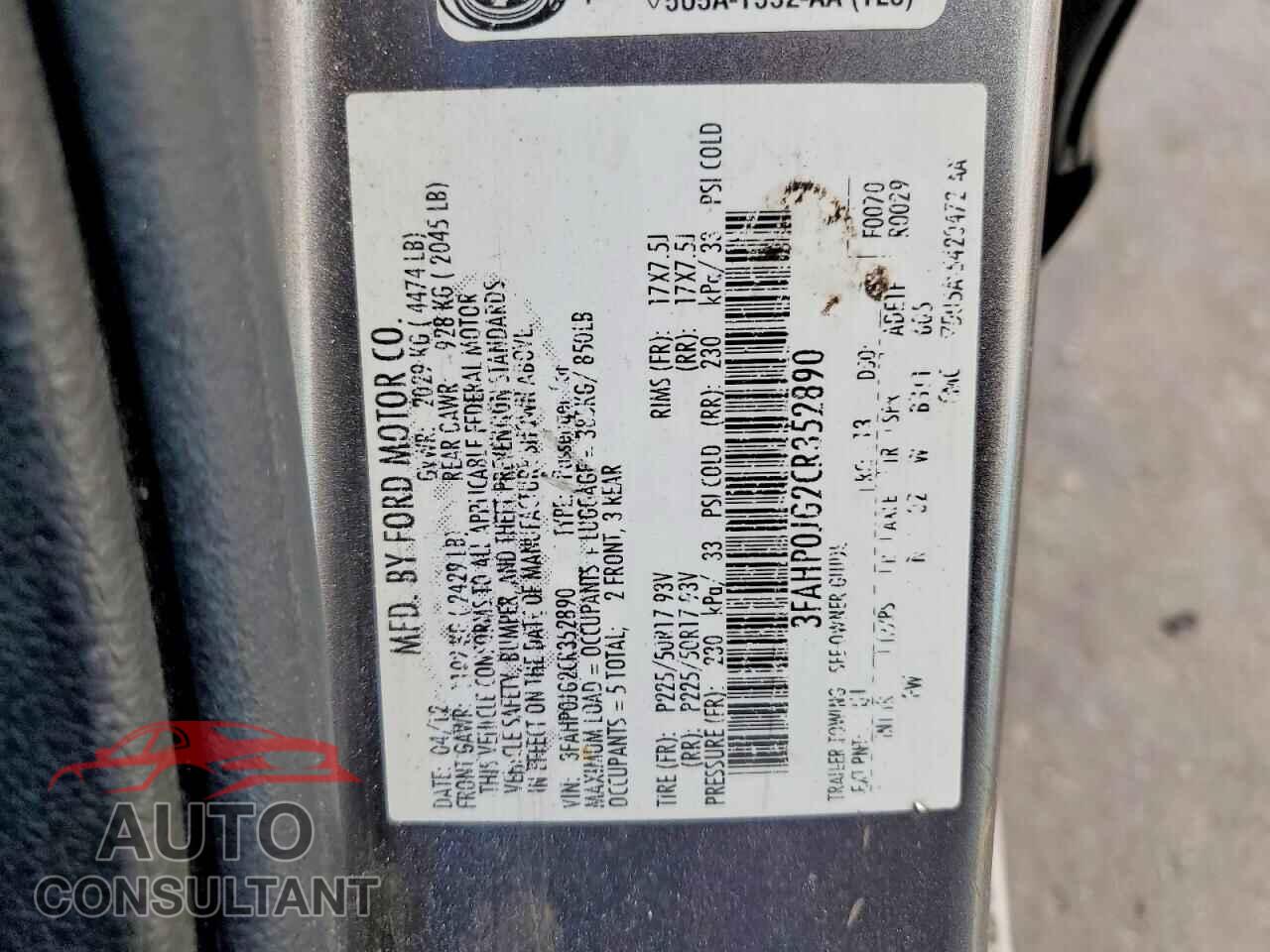 FORD FUSION 2012 - 3FAHP0JG2CR352890
