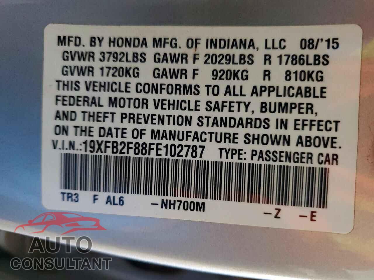 HONDA CIVIC 2015 - 19XFB2F88FE102787