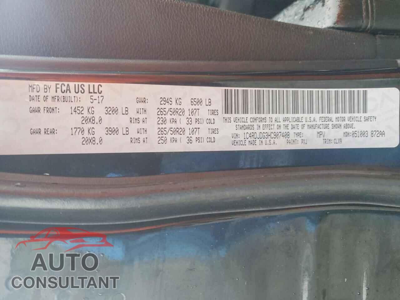 DODGE DURANGO 2017 - 1C4RDJDG3HC907408