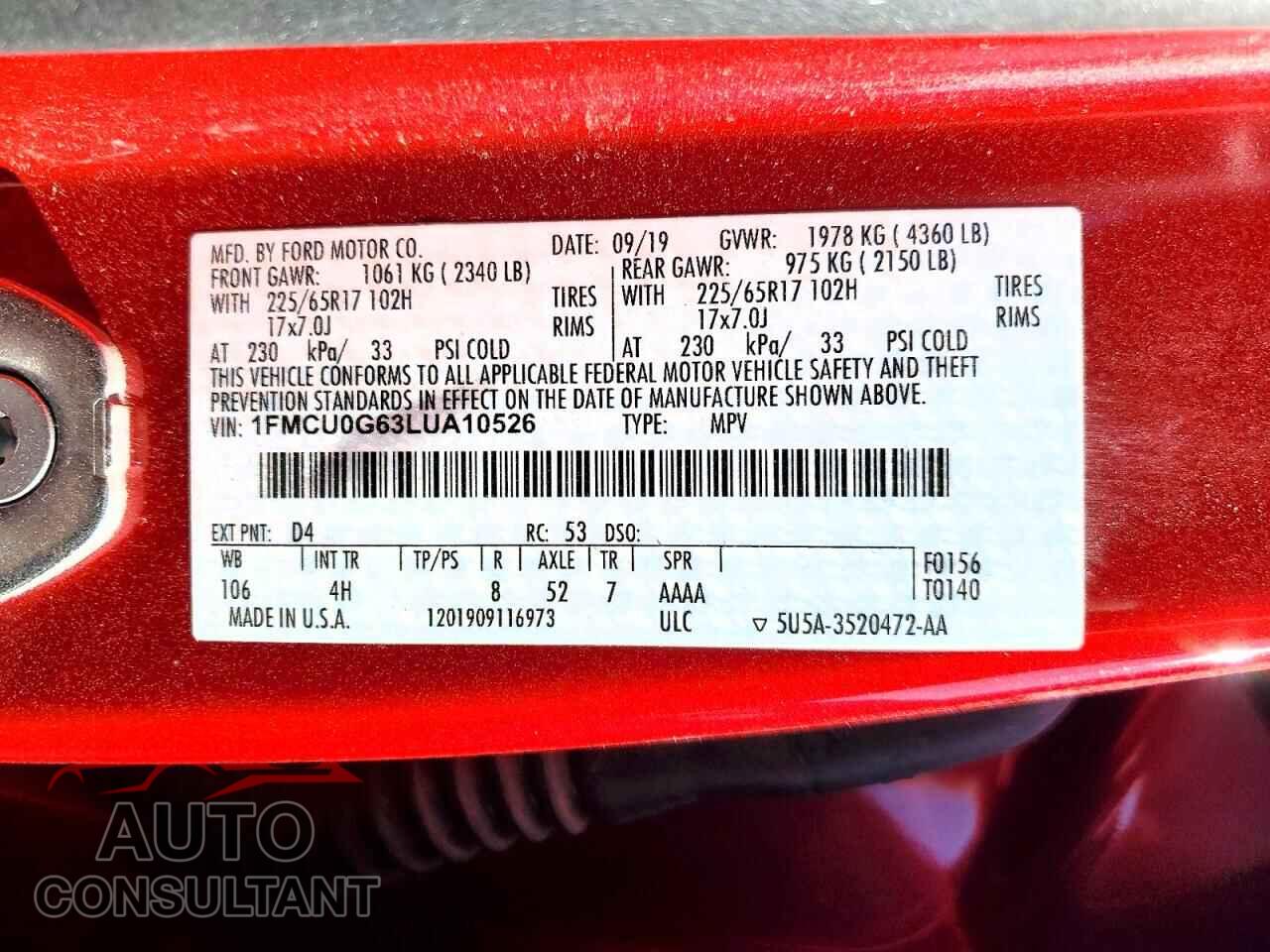 FORD ESCAPE 2020 - 1FMCU0G63LUA10526