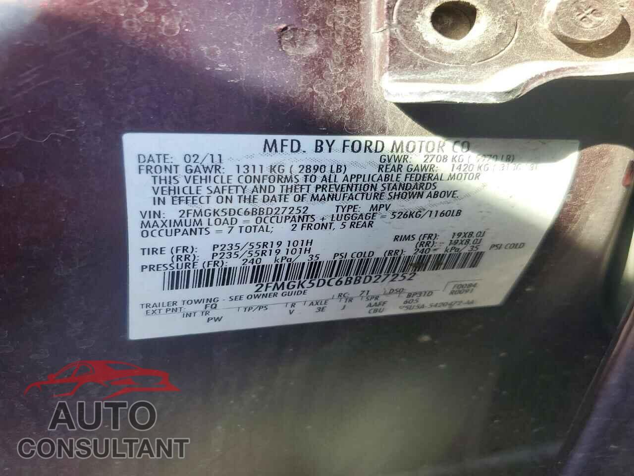 FORD FLEX 2011 - 2FMGK5DC6BBD27252