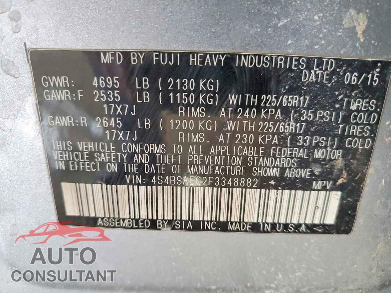SUBARU OUTBACK 2015 - 4S4BSAEC2F3348882
