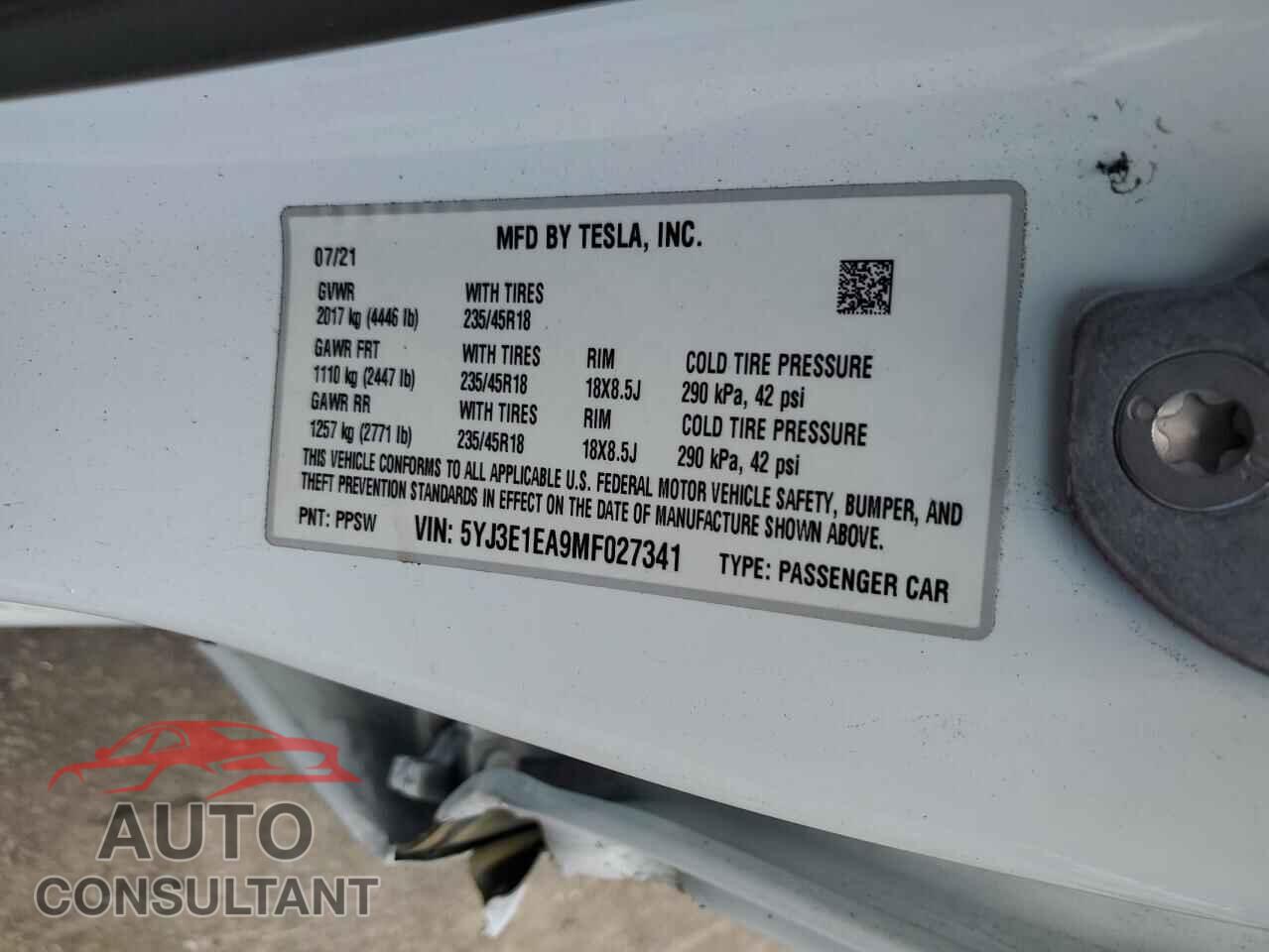 TESLA MODEL 3 2021 - 5YJ3E1EA9MF027341