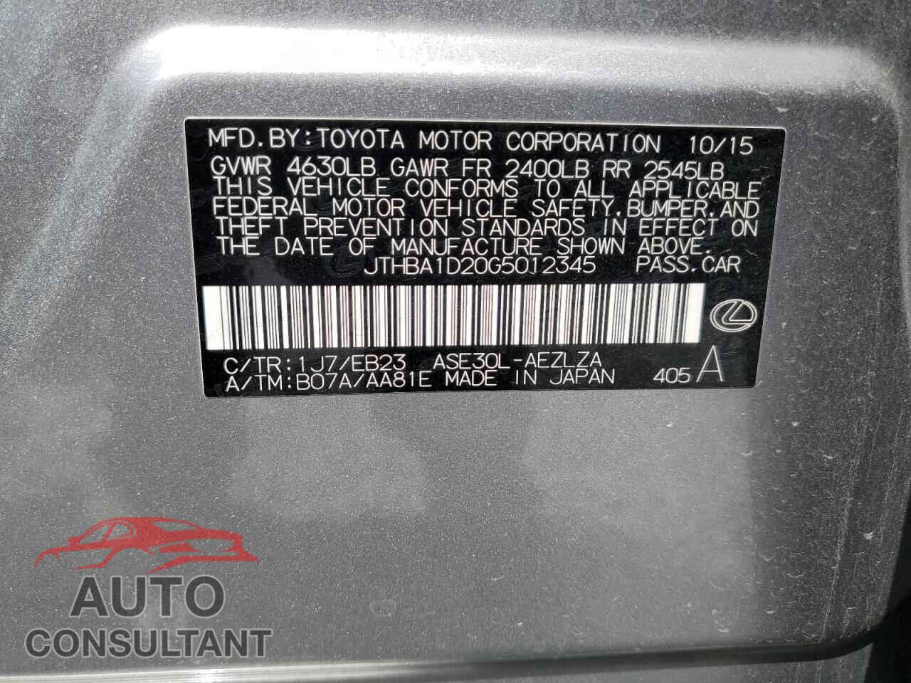 LEXUS IS 2016 - JTHBA1D20G5012345