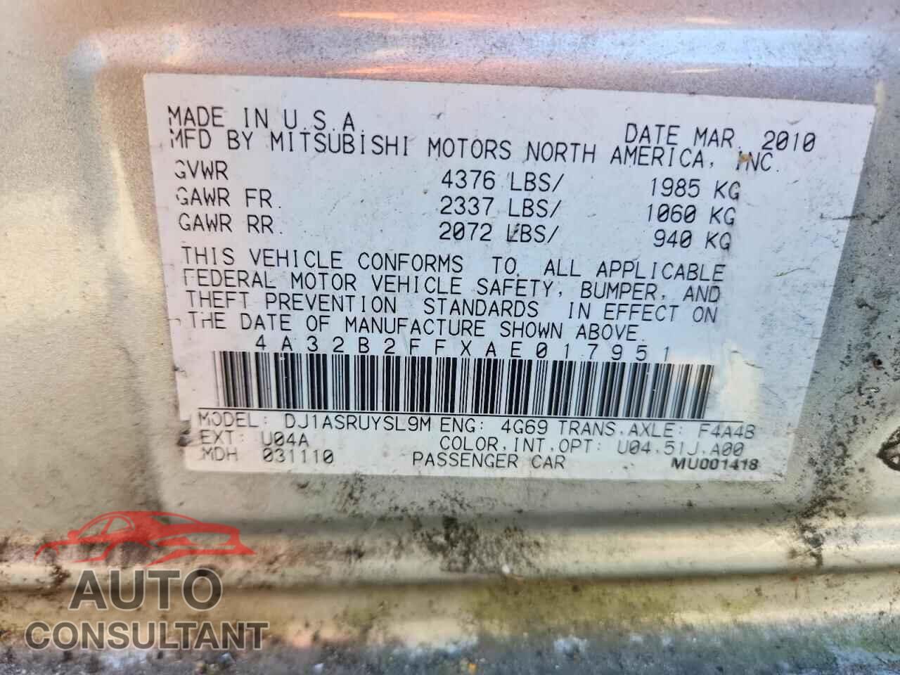 MITSUBISHI GALANT 2010 - 4A32B2FFXAE017951