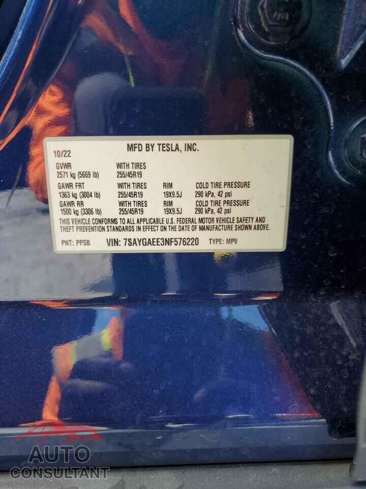 TESLA MODEL Y 2022 - 7SAYGAEE3NF576220