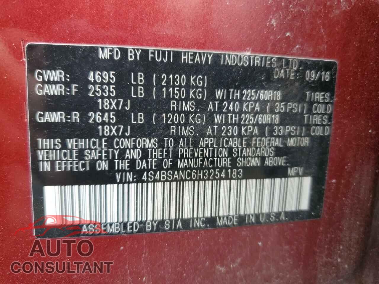 SUBARU OUTBACK 2017 - 4S4BSANC6H3254183