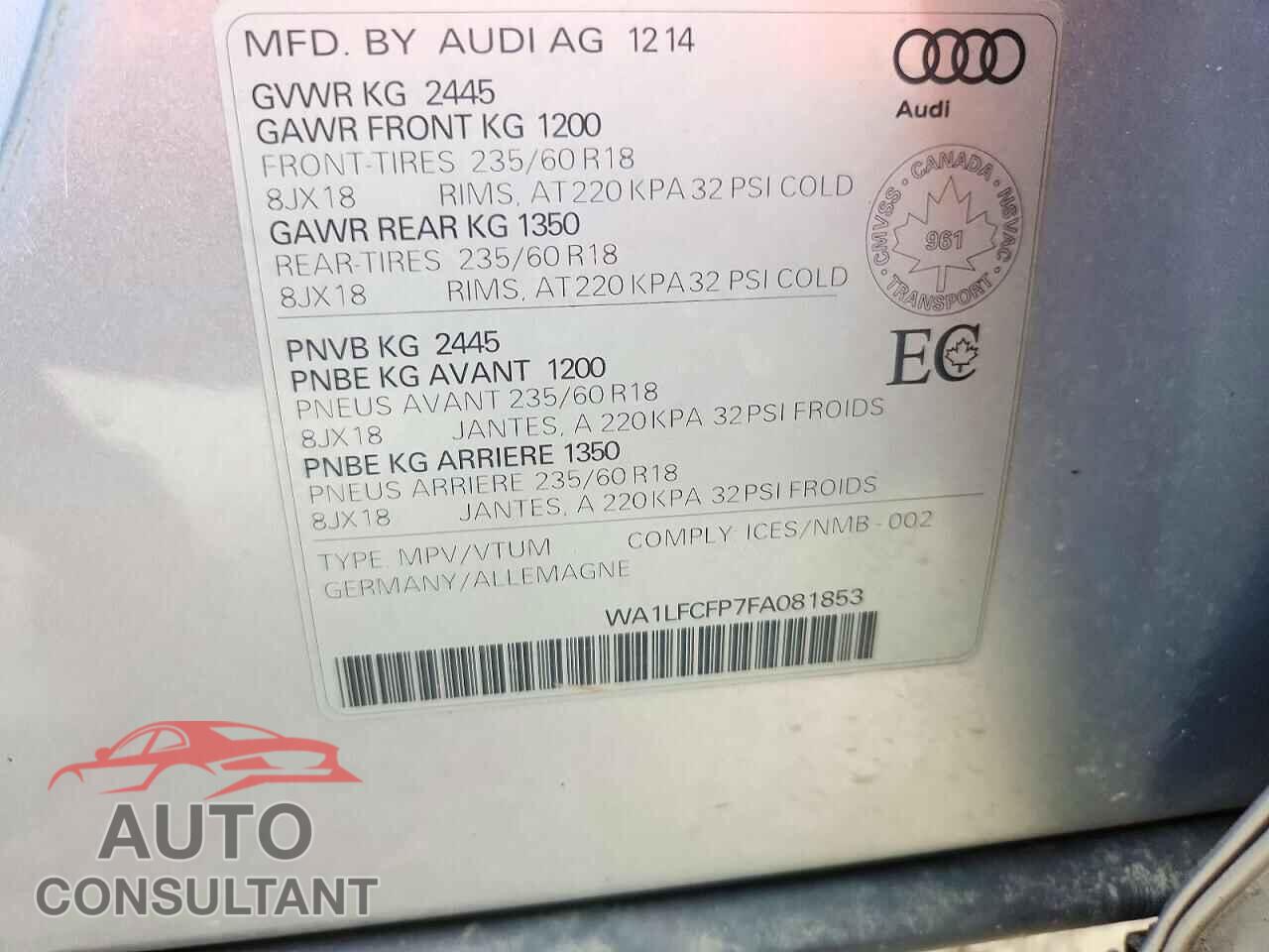 AUDI Q5 2015 - WA1LFCFP7FA081853