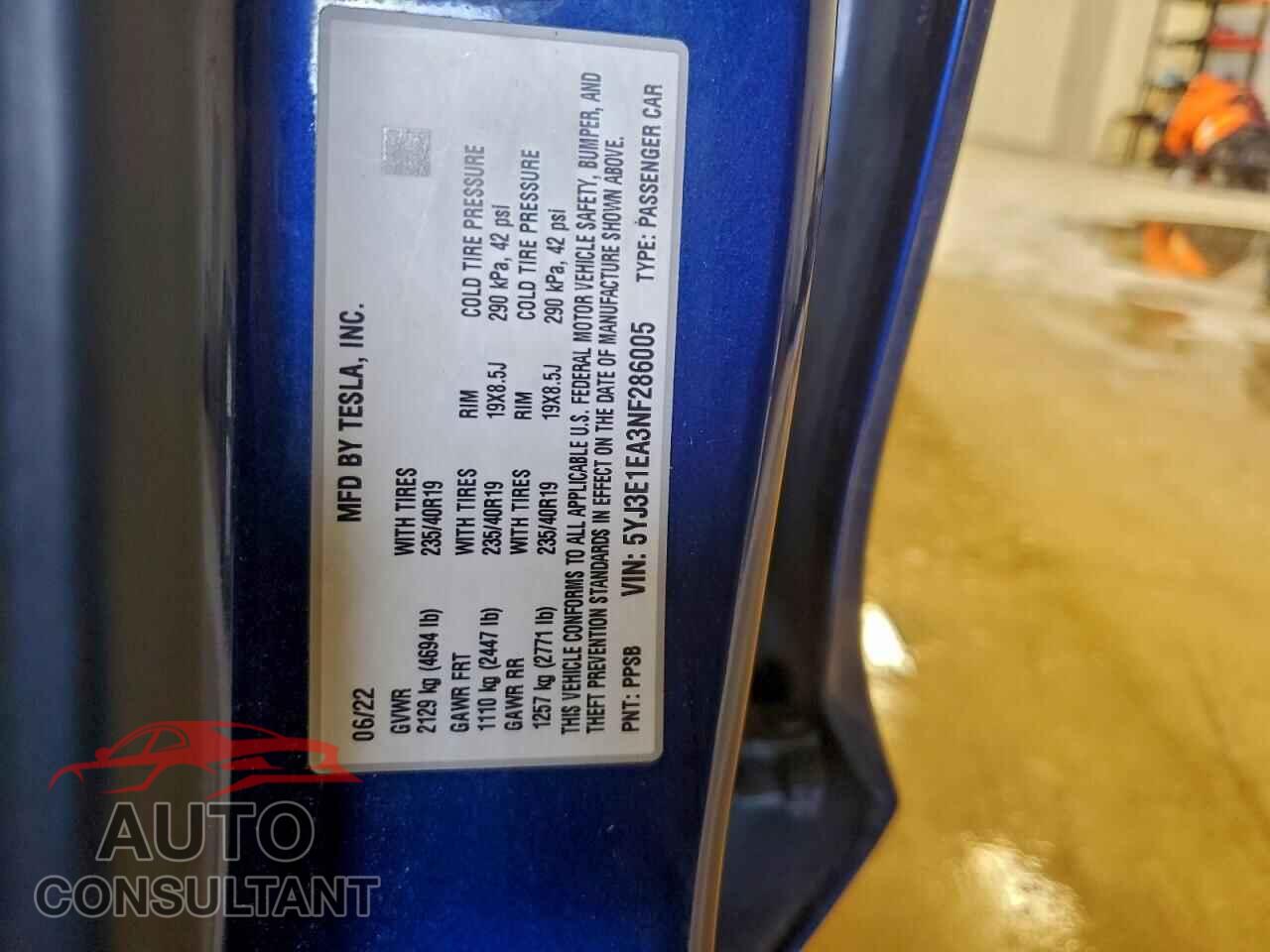 TESLA MODEL 3 2022 - 5YJ3E1EA3NF286005