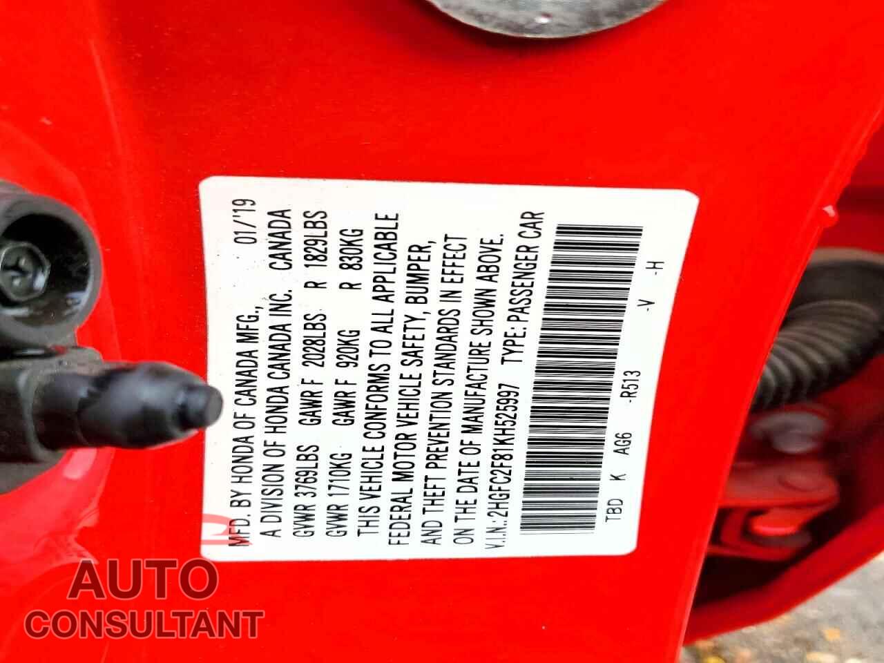 HONDA CIVIC 2019 - 2HGFC2F81KH525997