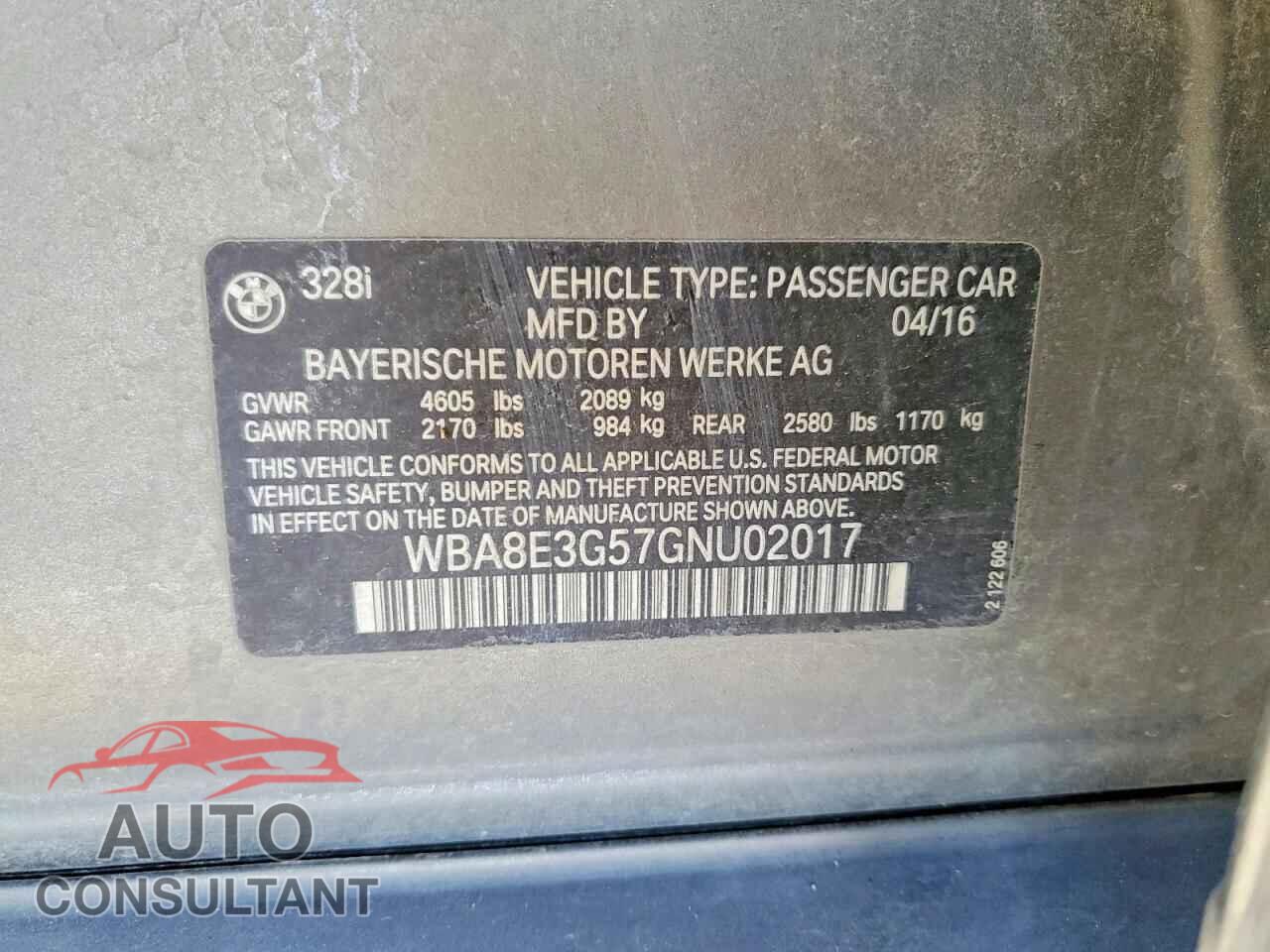 BMW 3 SERIES 2016 - WBA8E3G57GNU02017