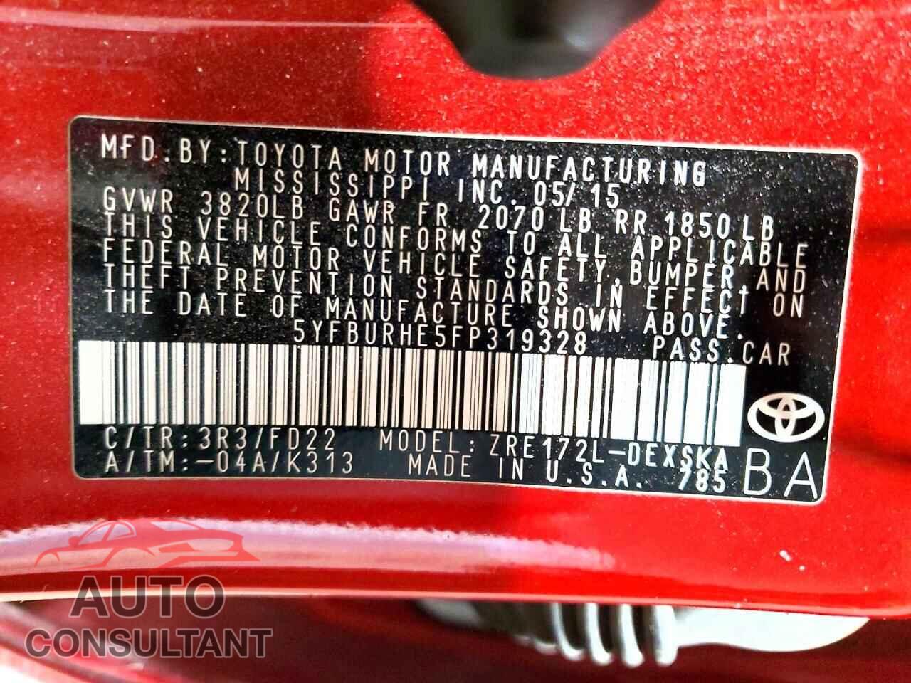 TOYOTA COROLLA 2015 - 5YFBURHE5FP319328