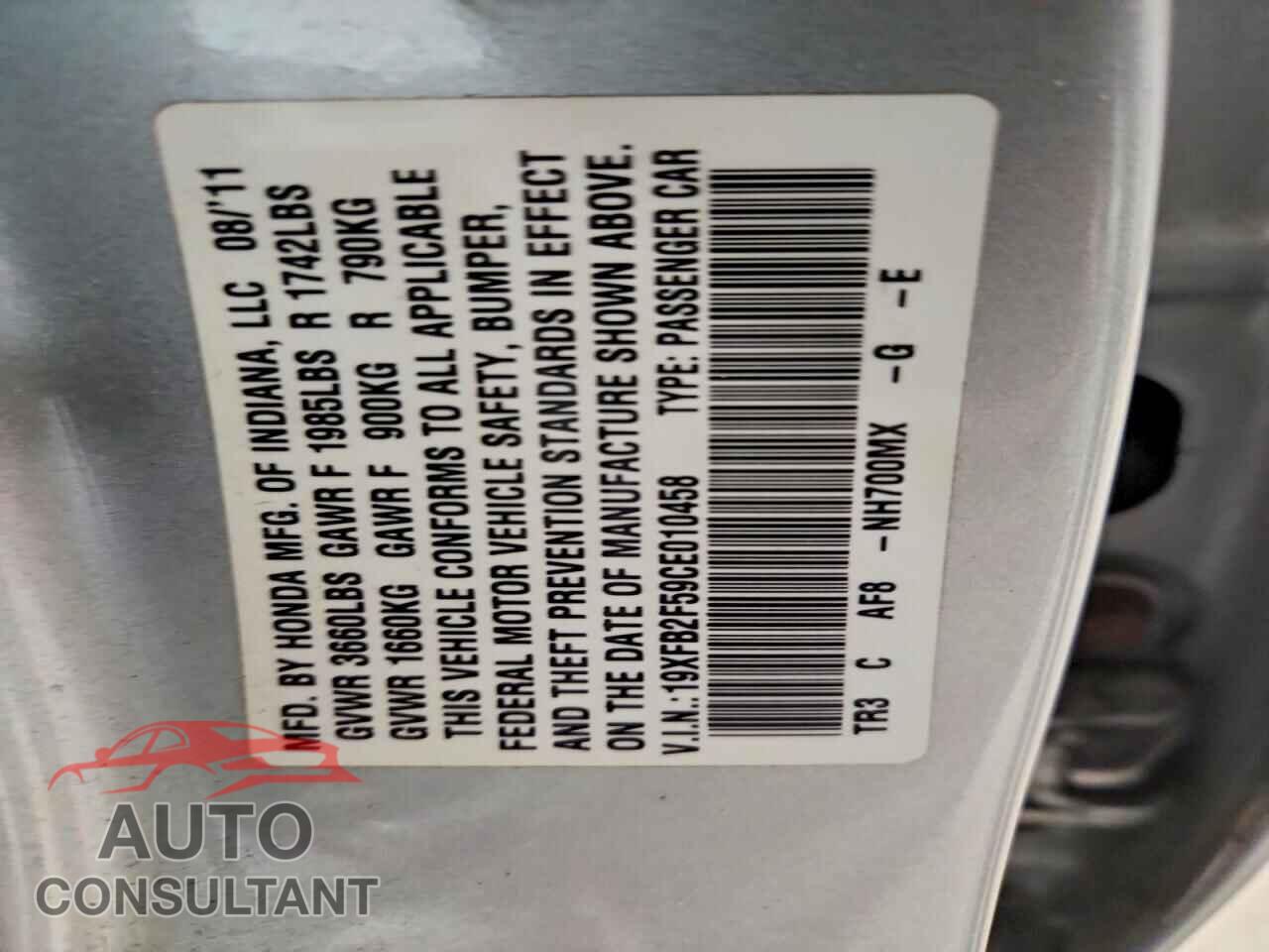 HONDA CIVIC 2012 - 19XFB2F59CE010458