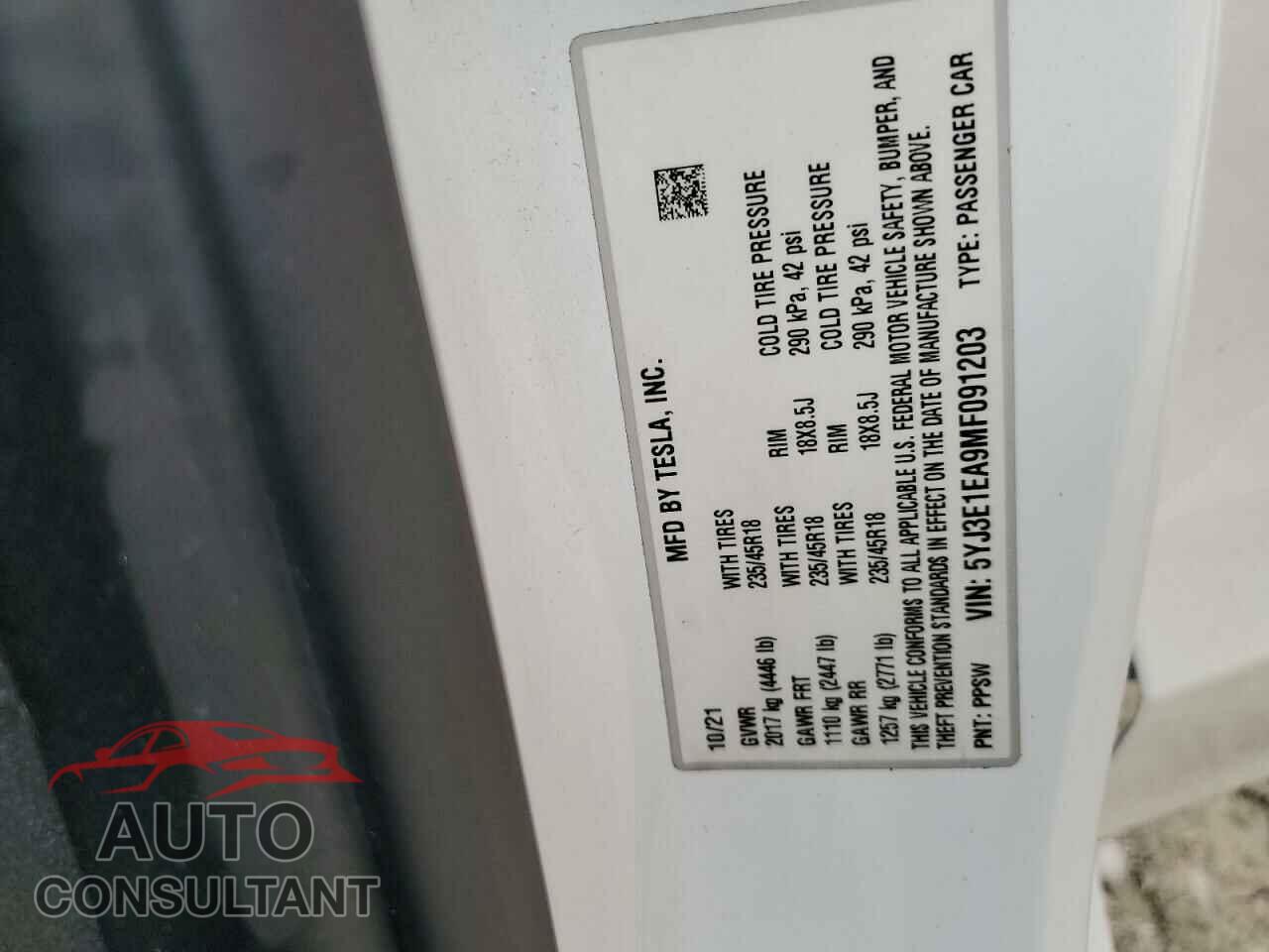 TESLA MODEL 3 2021 - 5YJ3E1EA9MF091203