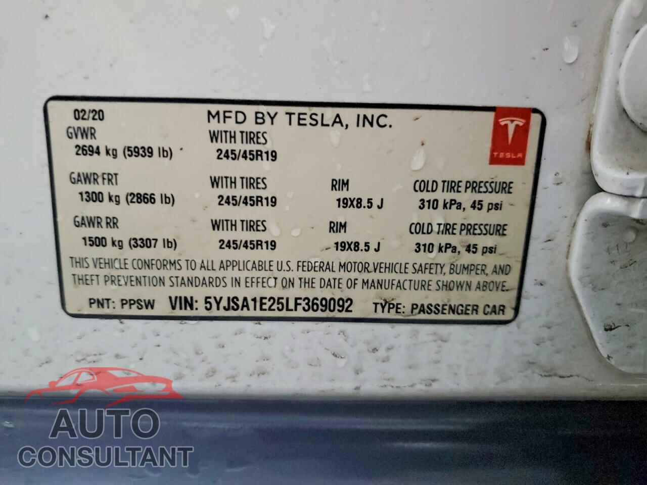 TESLA MODEL S 2020 - 5YJSA1E25LF369092