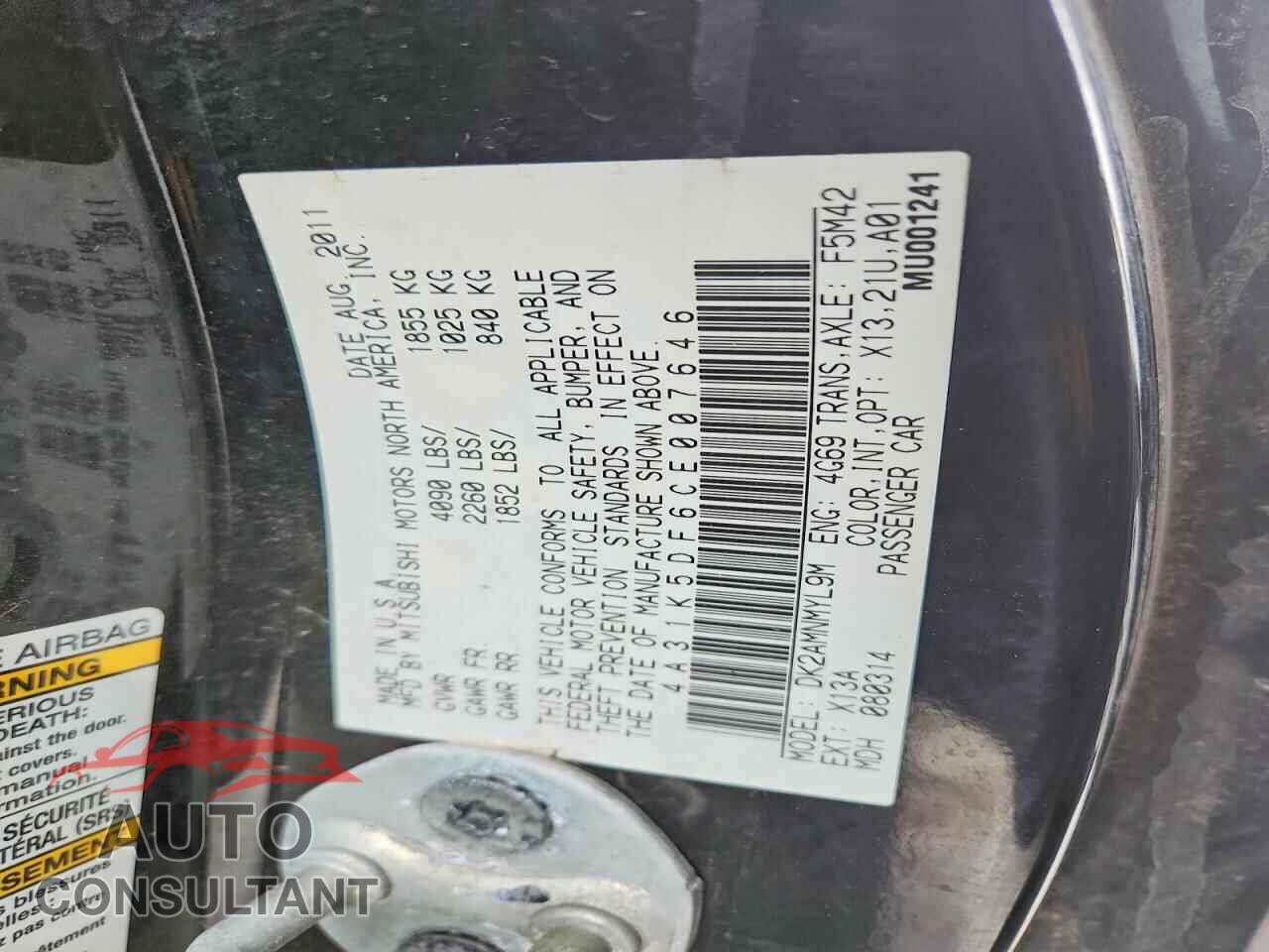 MITSUBISHI ECLIPSE 2012 - 4A31K5DF6CE007646