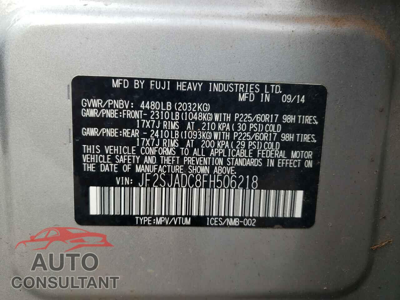 SUBARU FORESTER 2015 - JF2SJADC8FH506218