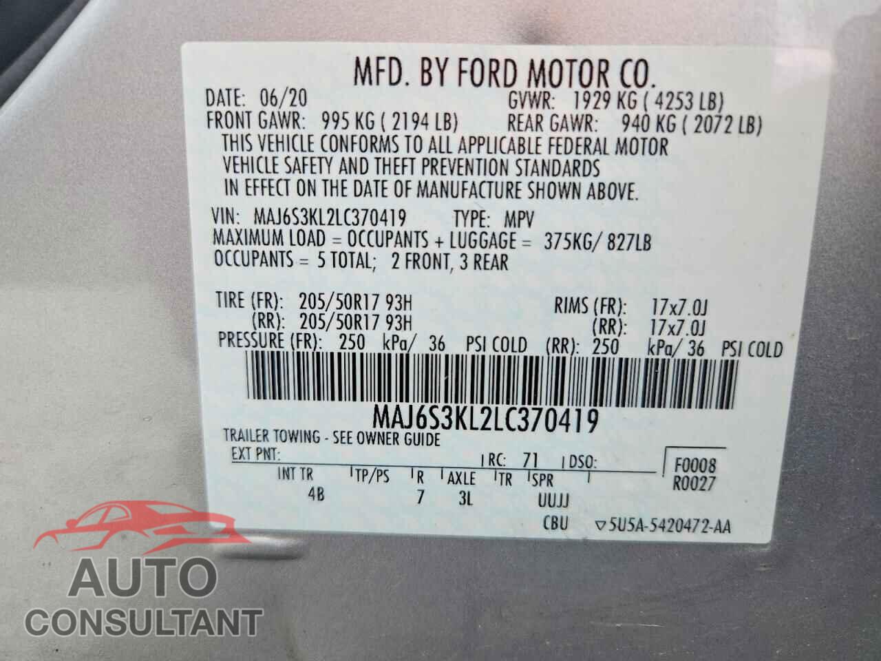 FORD ECOSPORT 2020 - MAJ6S3KL2LC370419