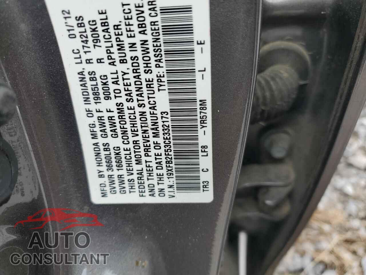 HONDA CIVIC 2012 - 19XFB2F53CE332173