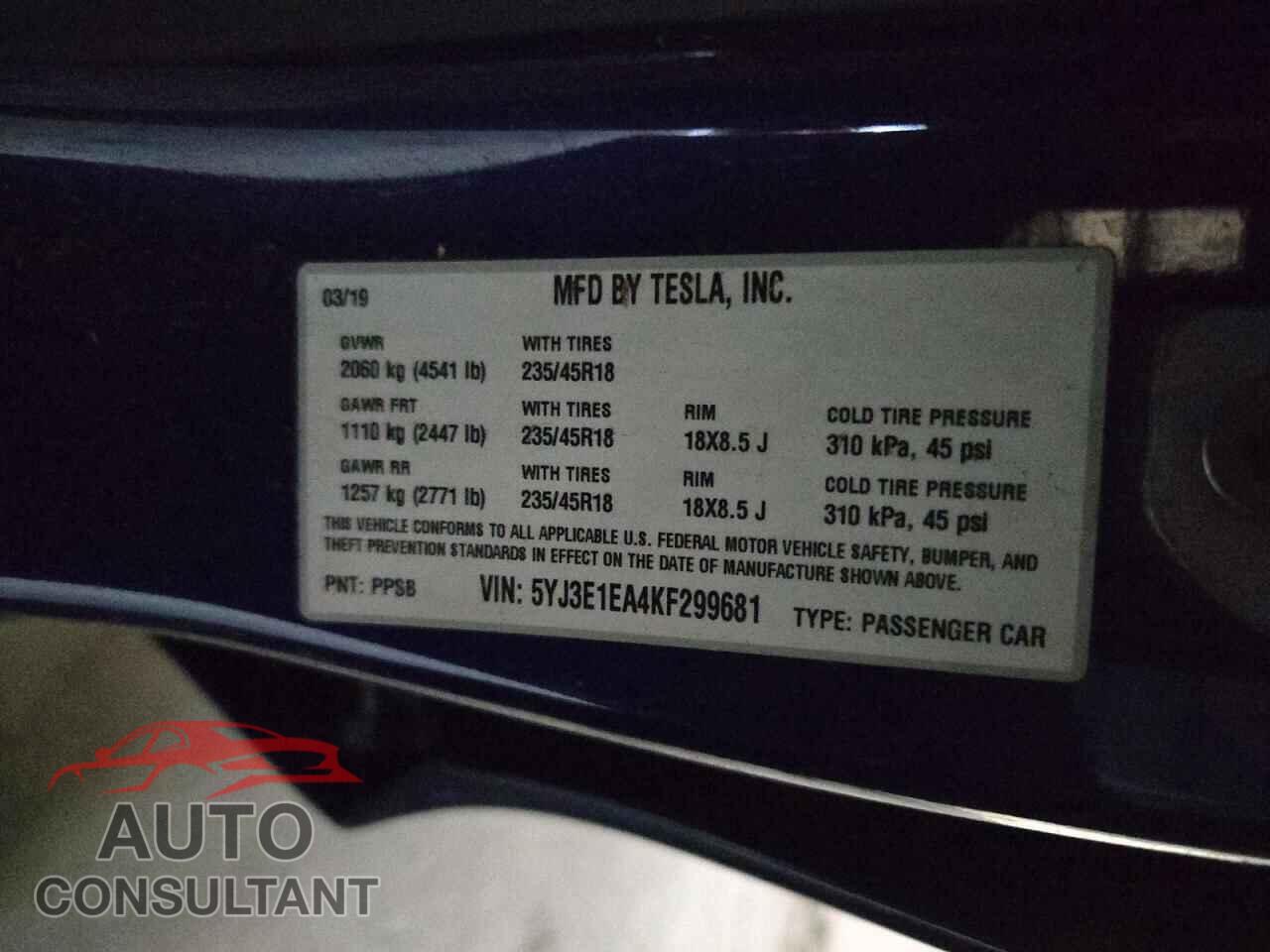TESLA MODEL 3 2019 - 5YJ3E1EA4KF299681
