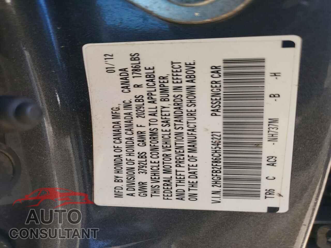 HONDA CIVIC 2012 - 2HGFB2F86CH546221