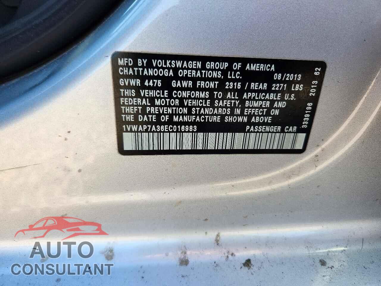 VOLKSWAGEN PASSAT 2014 - 1VWAP7A36EC016983