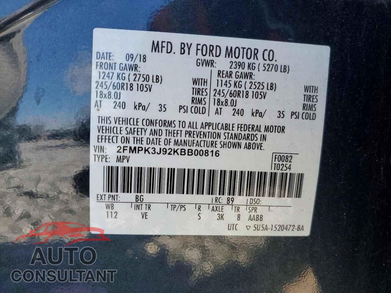 FORD EDGE 2019 - 2FMPK3J92KBB00816