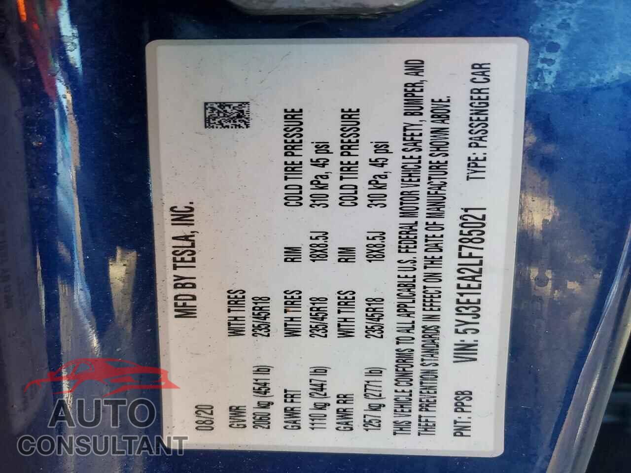 TESLA MODEL 3 2020 - 5YJ3E1EA2LF785021