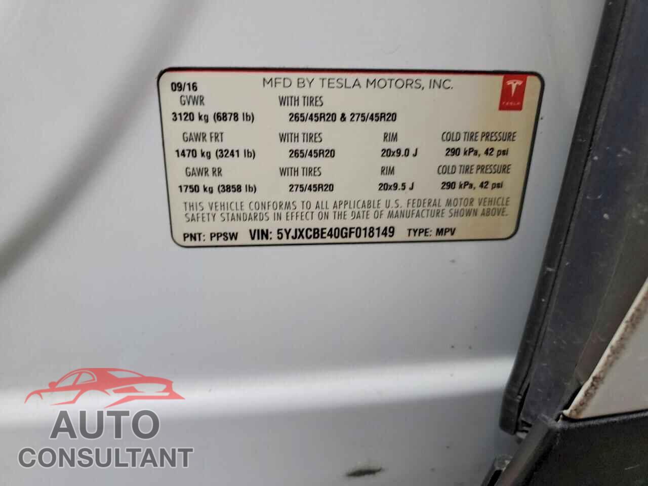 TESLA MODEL X 2016 - 5YJXCBE40GF018149
