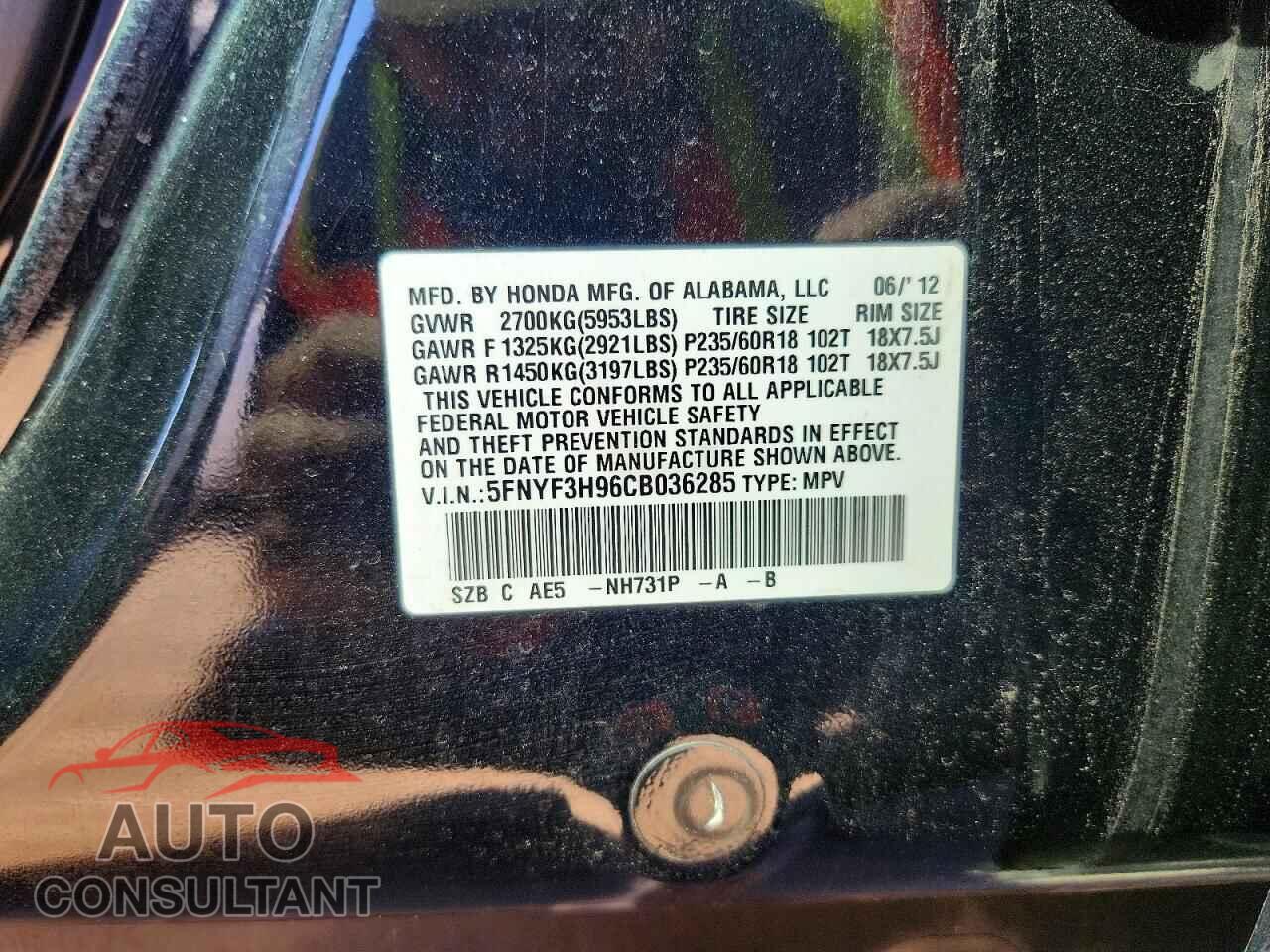 HONDA PILOT 2012 - 5FNYF3H96CB036285