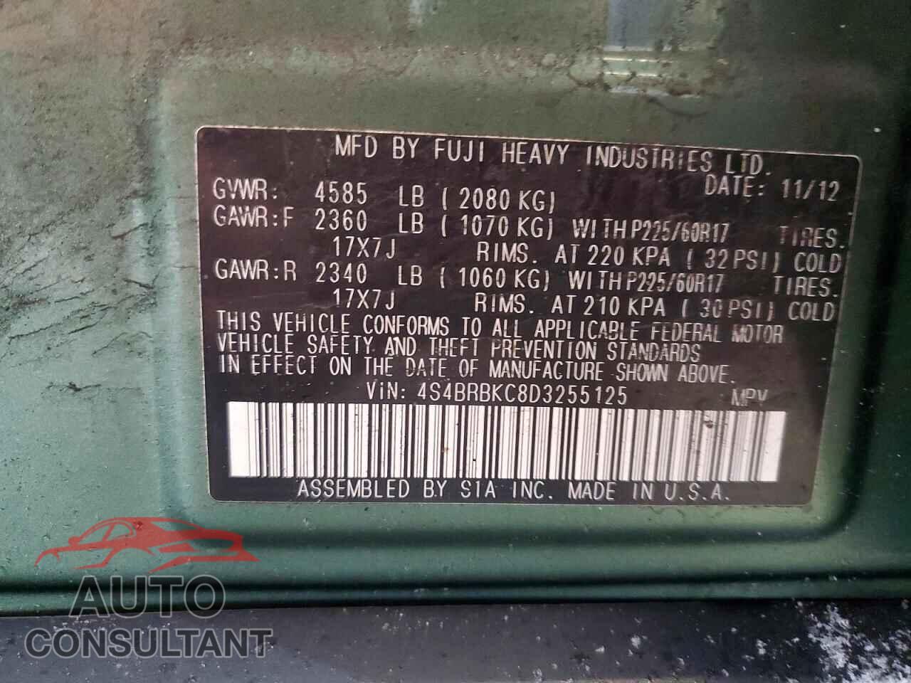 SUBARU OUTBACK 2013 - 4S4BRBKC8D3255125
