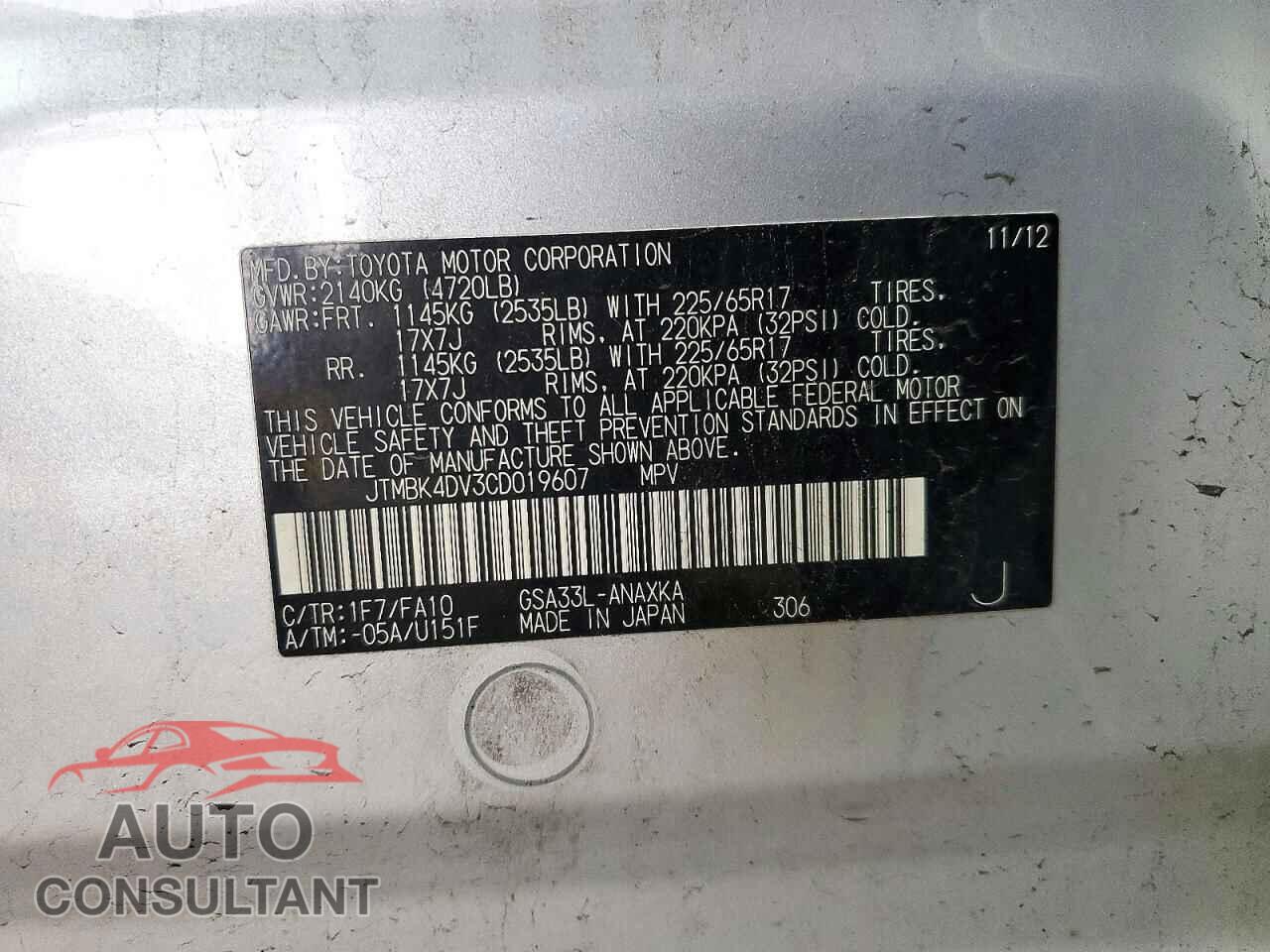 TOYOTA RAV4 2012 - JTMBK4DV3CD019607