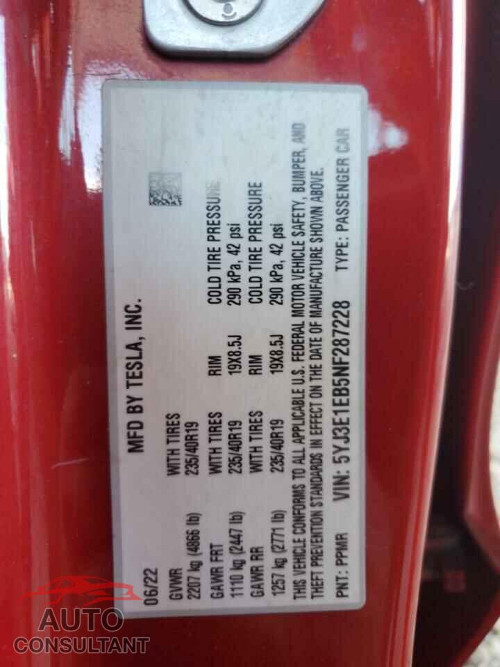 TESLA MODEL 3 2022 - 5YJ3E1EB5NF287228
