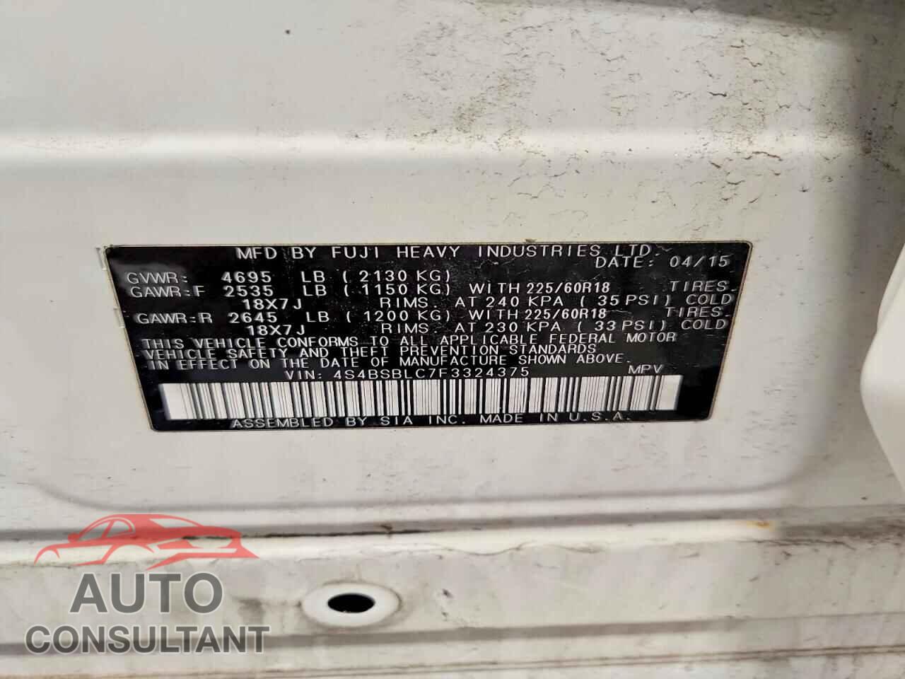 SUBARU OUTBACK 2015 - 4S4BSBLC7F3324375