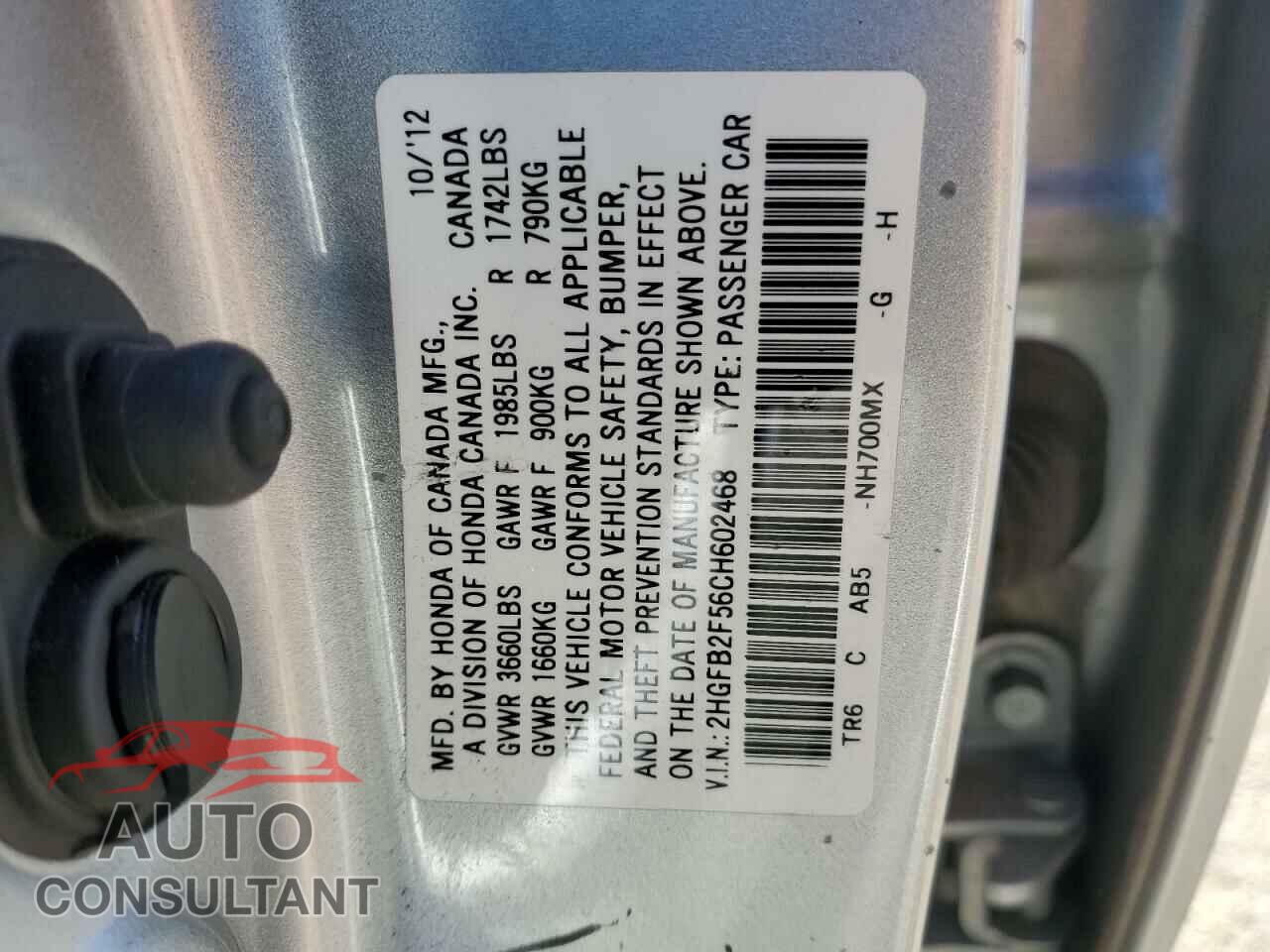 HONDA CIVIC 2012 - 2HGFB2F56CH602468