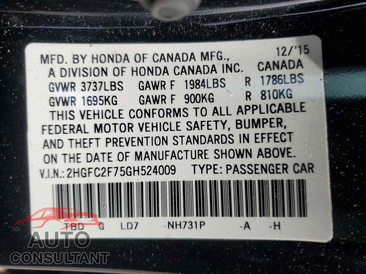 HONDA CIVIC 2016 - 2HGFC2F75GH524009