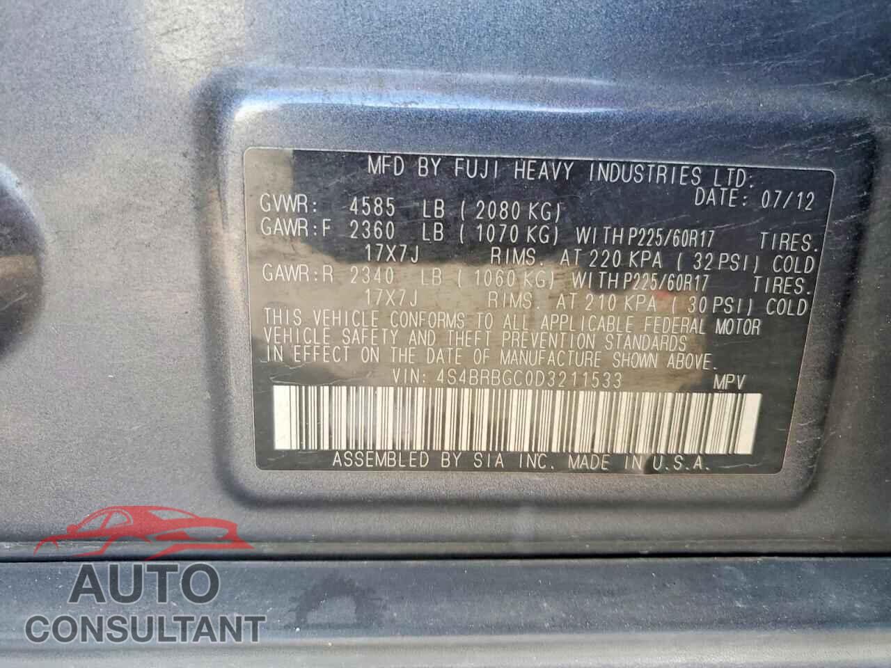 SUBARU OUTBACK 2013 - 4S4BRBGC0D3211533