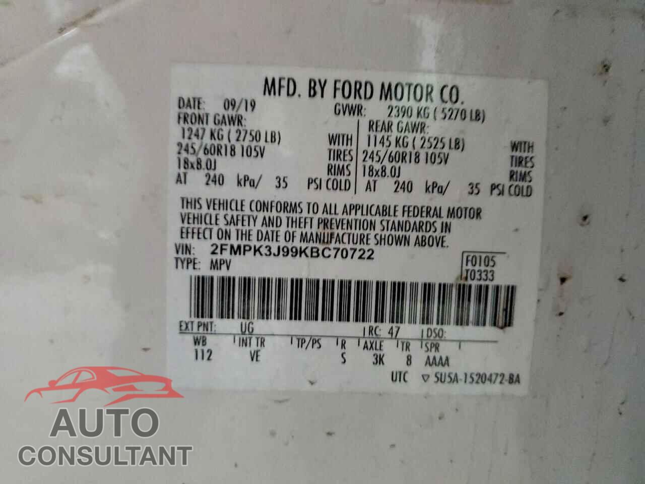 FORD EDGE 2019 - 2FMPK3J99KBC70722