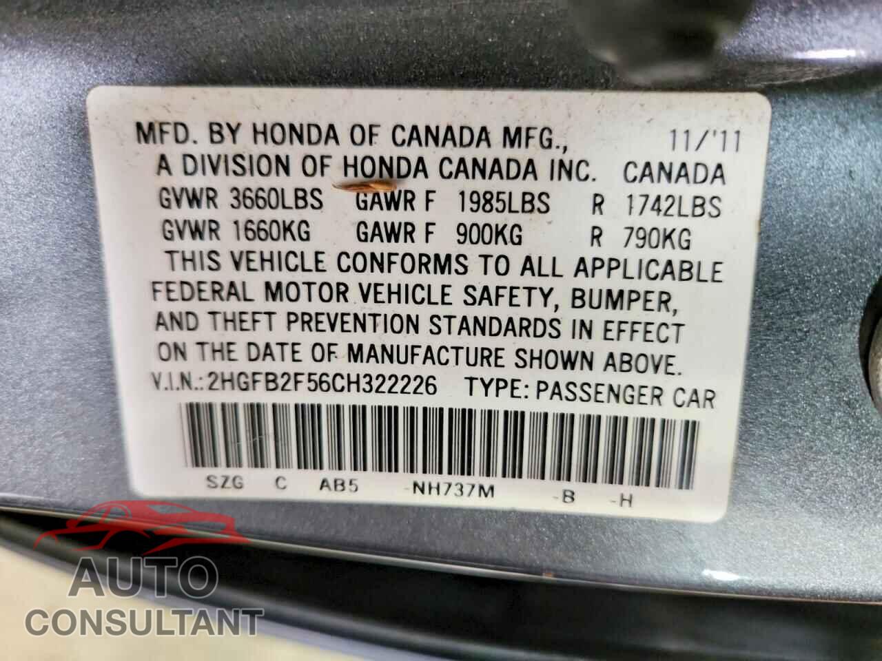 HONDA CIVIC 2012 - 2HGFB2F56CH322226